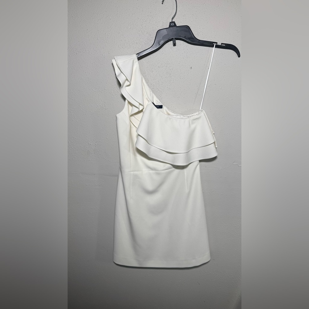 French Connection Women's Whisper Asymmetrical Ruffle Neck Dress, White size 4 - Picture 3 of 8